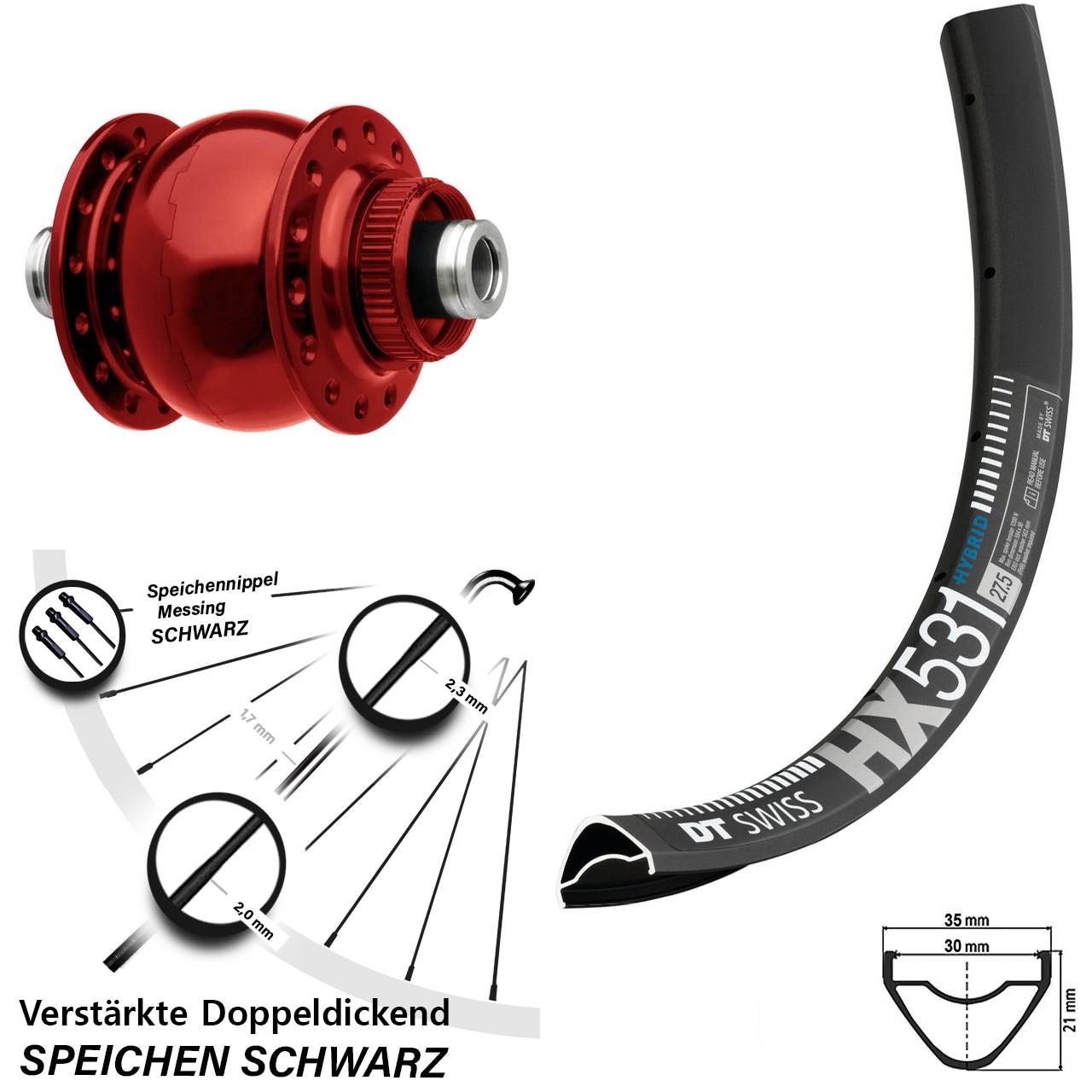 Disc Vorderrad mit Nabendynamo 12x100 29 Zoll DT Swiss HX 531 SON 28 rot