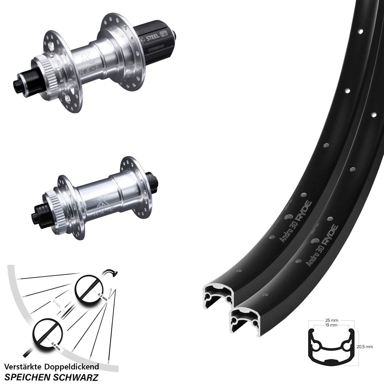Centerlock Laufradsatz 28-29 Zoll Ryde Andra 30 Disc KX-E verstärkt 8-12 fach QR