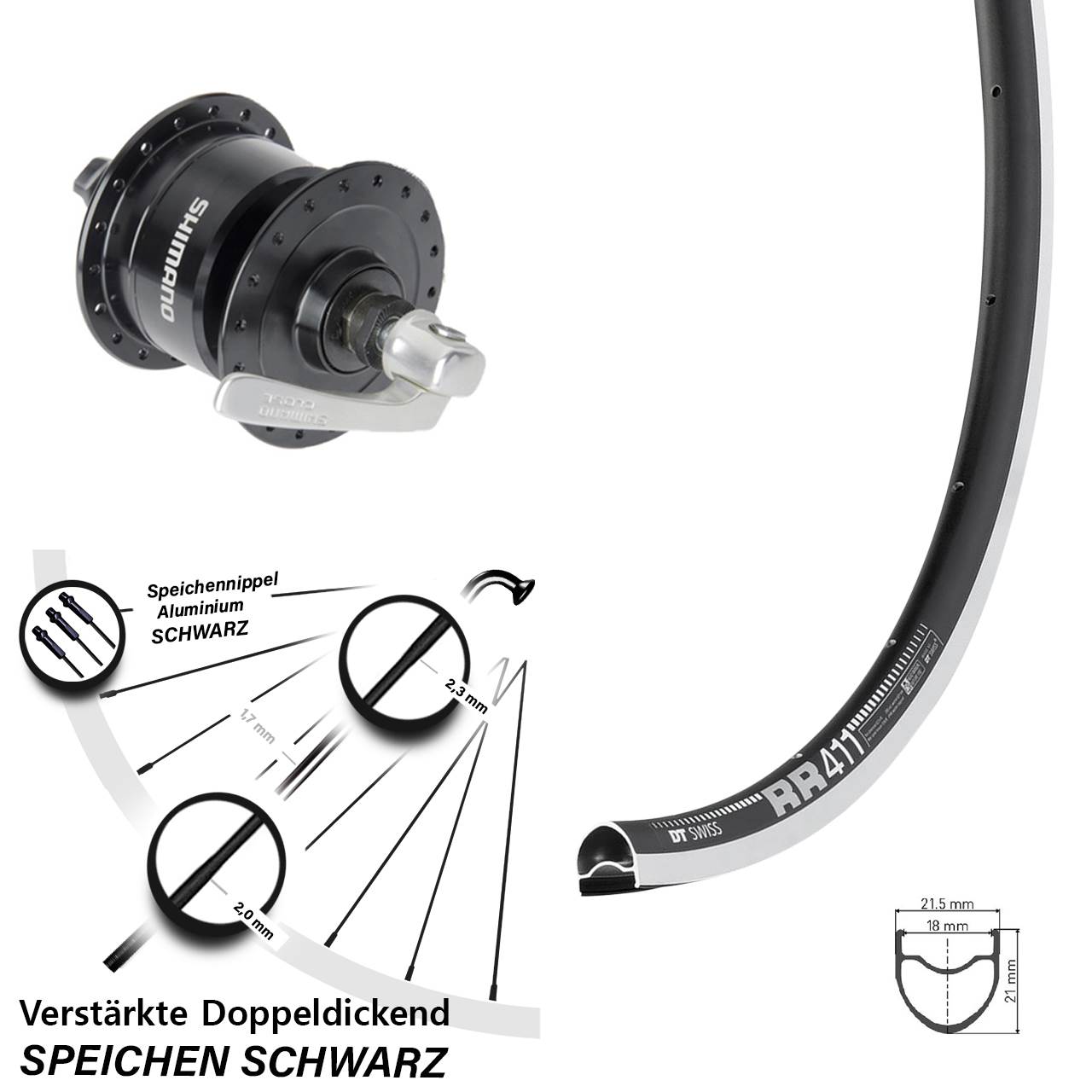Nabendynamolaufrad QR 28 Zoll DT Swiss RR 411 Shimano DH-3N72