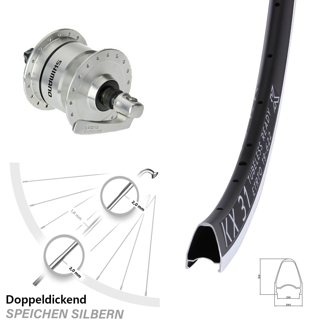 Nabendynamovorderrad für Schnellspanner 28 Zoll KX 31 Shimano DH3N72
