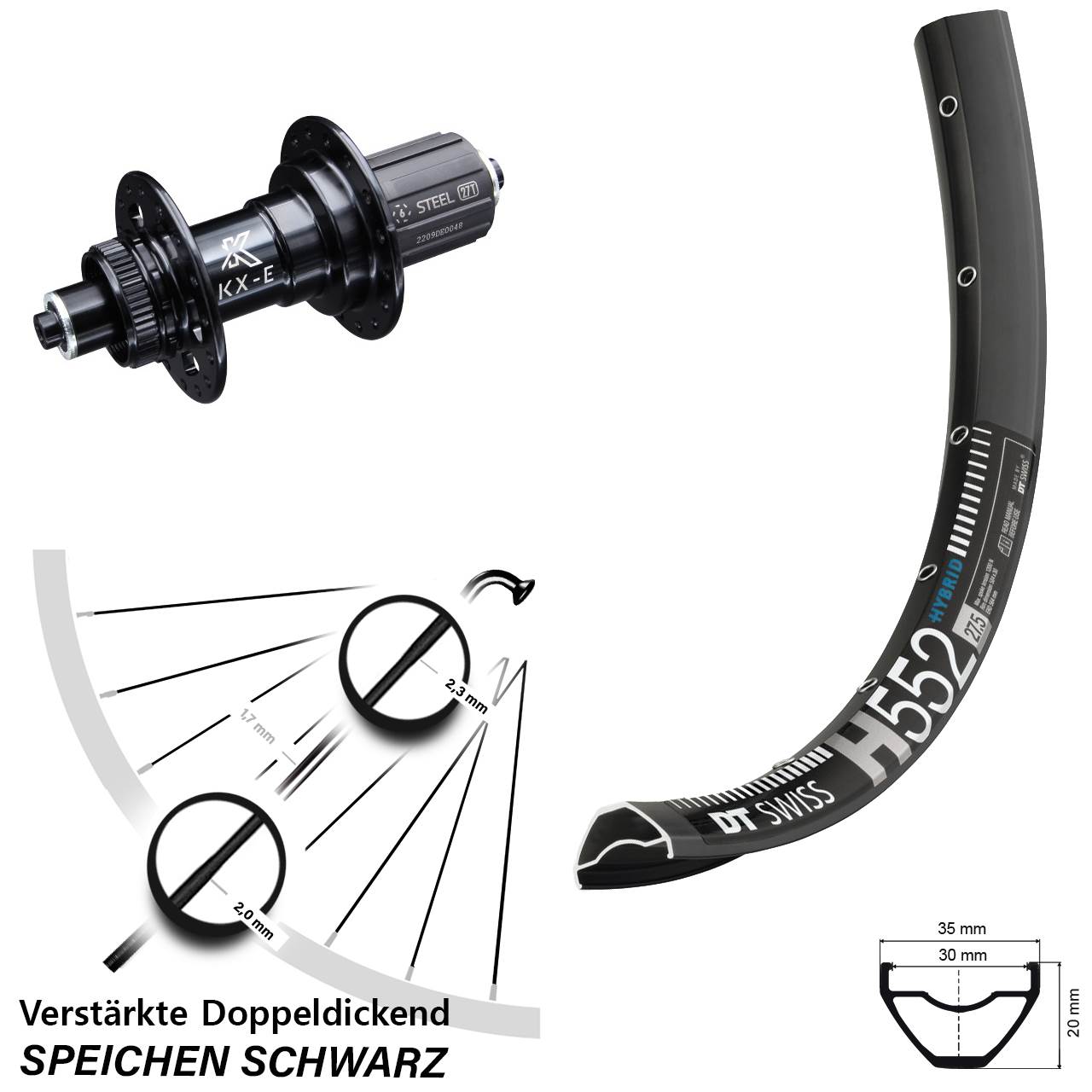 29 Zoll DT Swiss H552 KX-E Hinterrad Centerlock für Schnellspanner 8-12 fach
