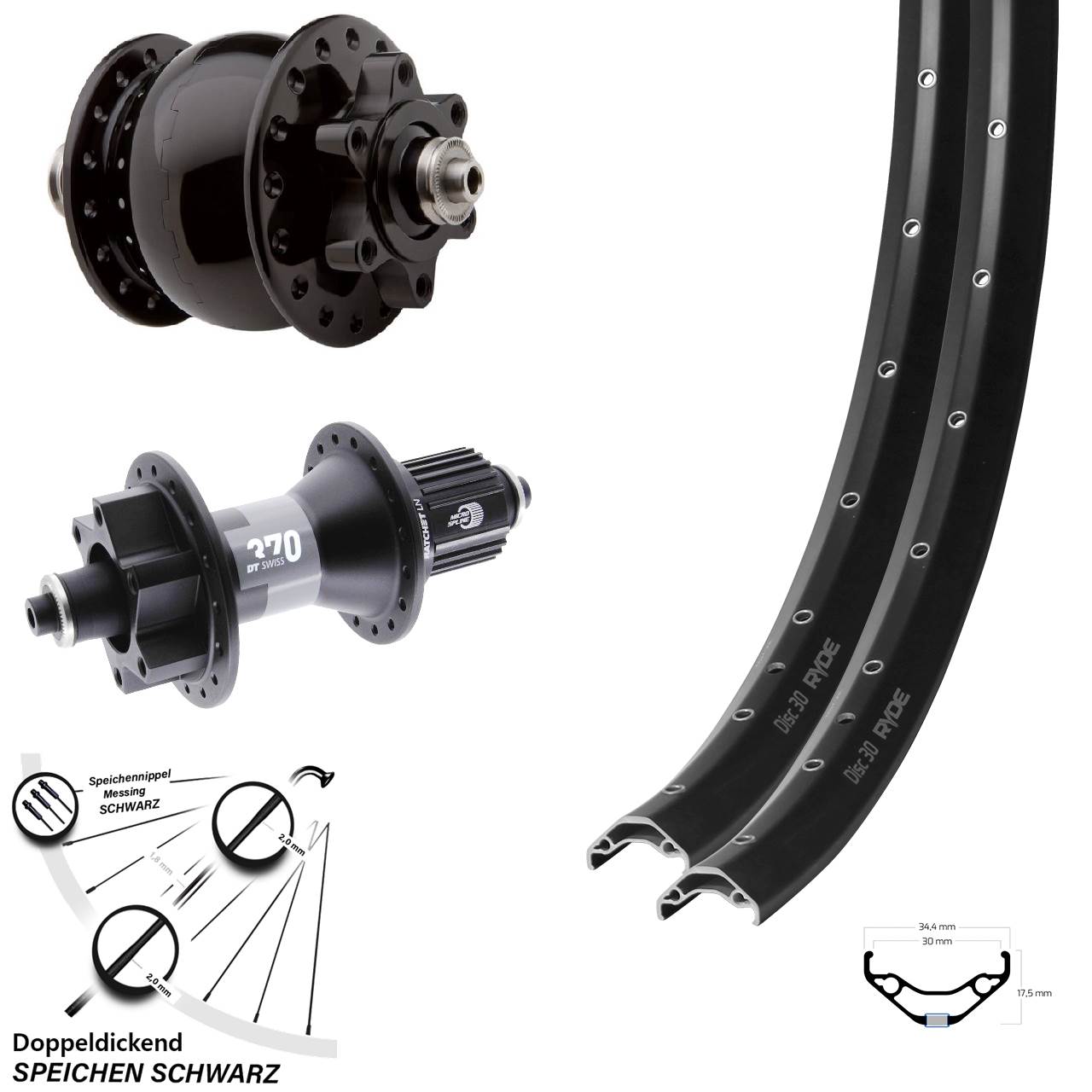 Ryde Disc 30 DT Swiss 370 SON 28 27,5 Zoll Laufradsatz 6-Loch QR Shimano Micro Spline