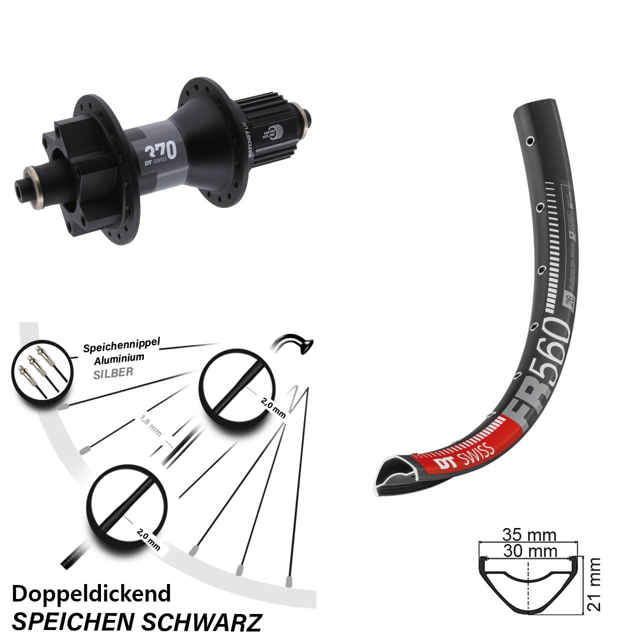 26 Zoll DT Swiss FR560-370 Hinterrad 6-Loch für Schnellspanner Micro Spline