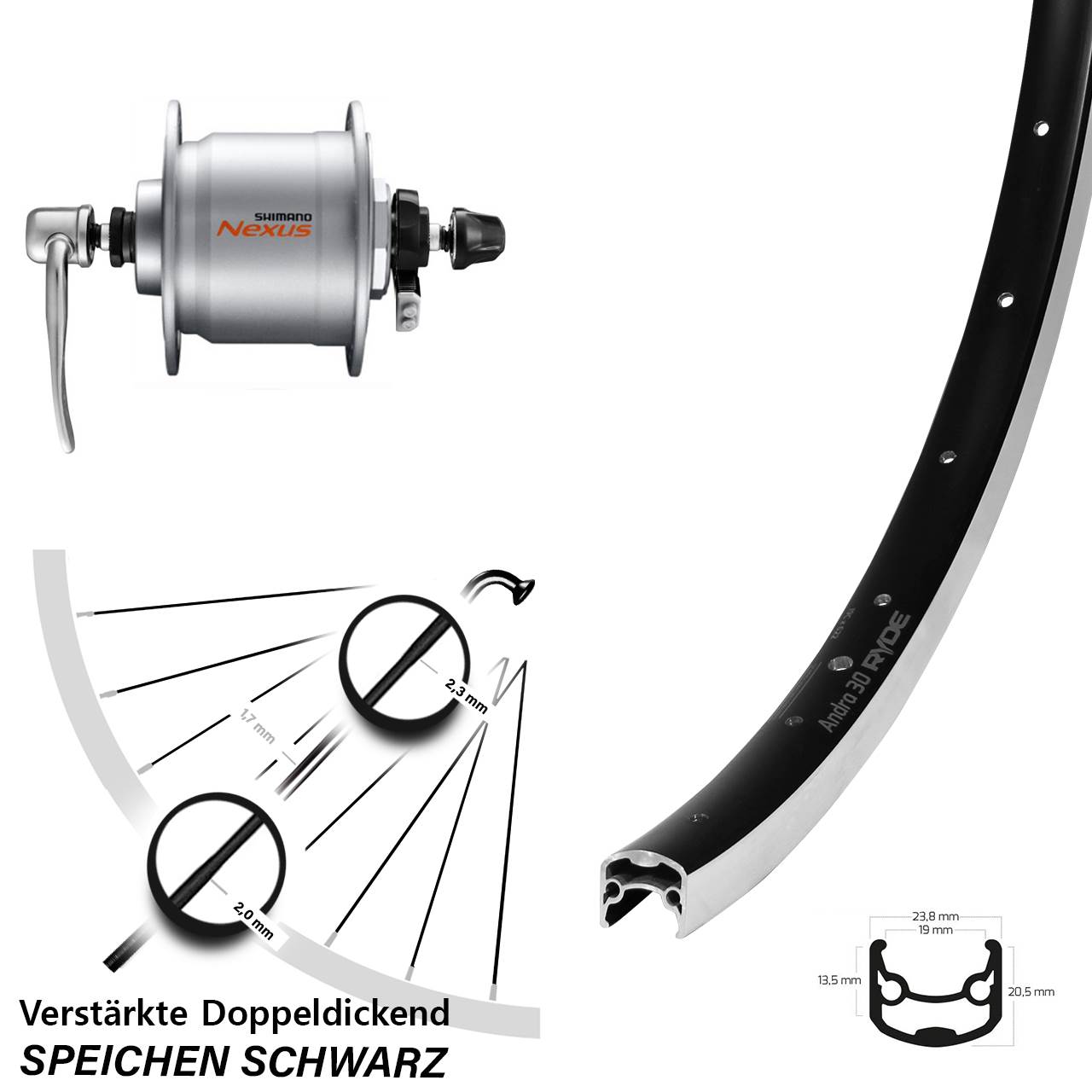 Nabendynamolaufrad 28 Zoll Ryde Andra 30 Shimano DH-C3000-3N QR