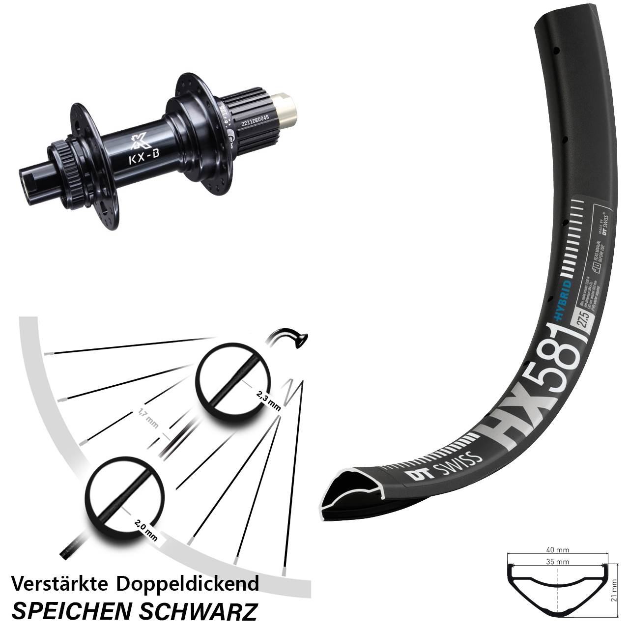 Boost Hinterrad Centerlock 12x148 27,5 Zoll DT Swiss HX581 KX-B Shimano Micro Spline