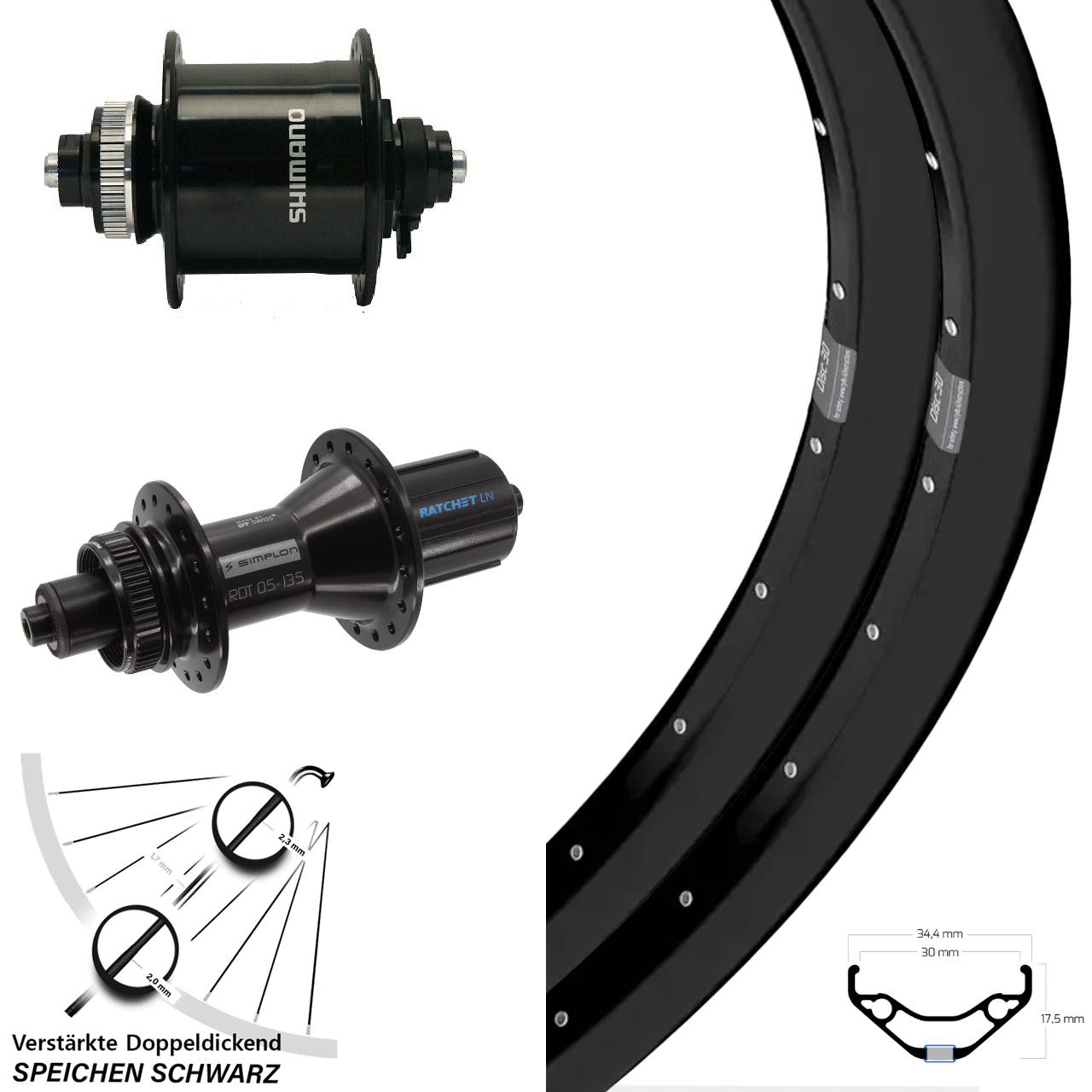 Laufradsatz 29 Zoll Ryde Disc 30 DT Swiss 370 Hybrid Shimano DH-UR700 8-11 fach QR