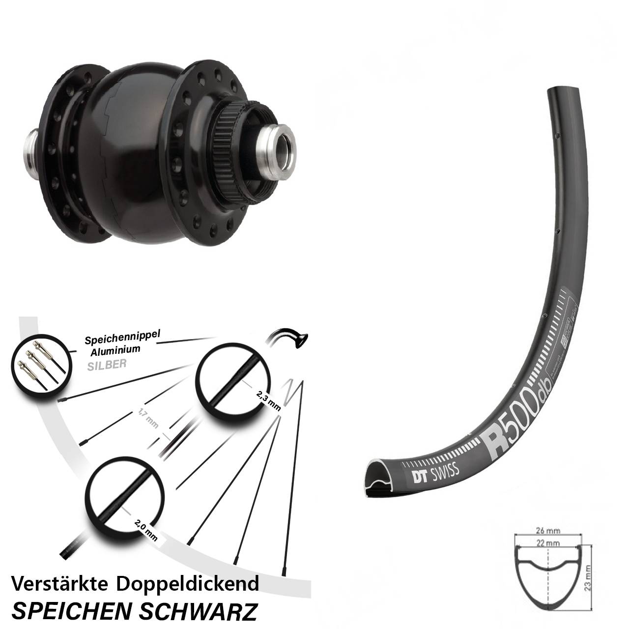 verstärktes Nabendynamolaufrad SON 28 DT Swiss R 500 28-29 Zoll für 12x100 mm Steckachse