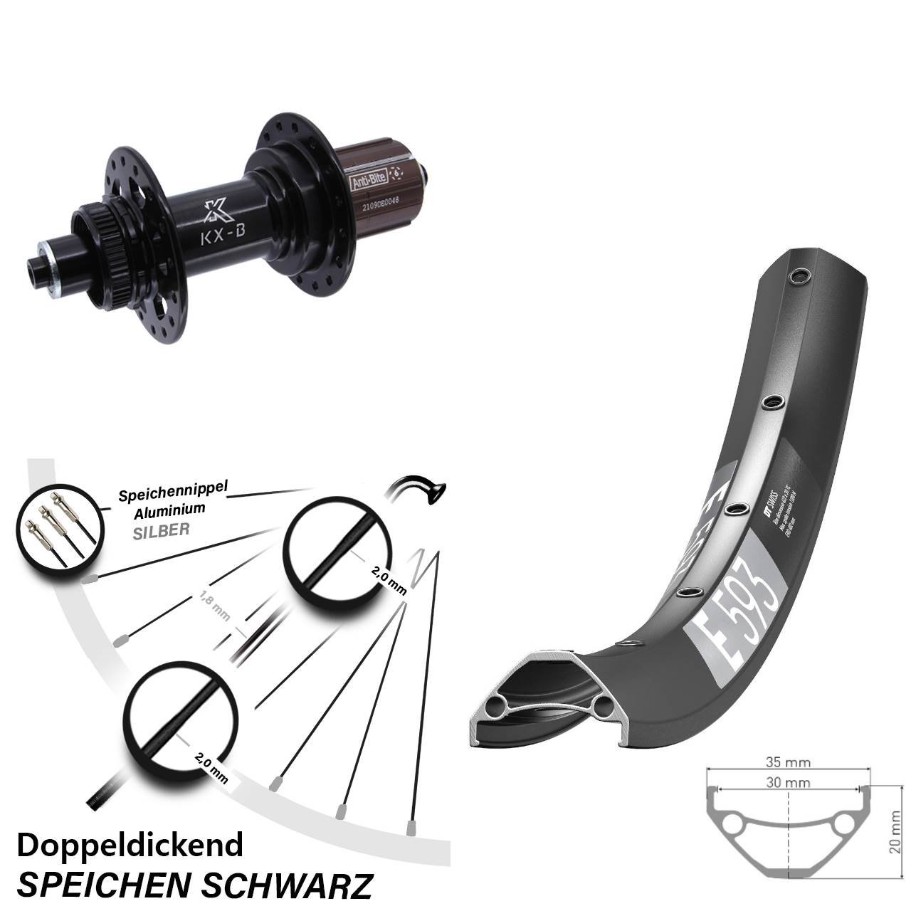 Centerlock Hinterrad 27,5 Zoll DT Swiss E593 KX-B 8-12 fach für Schnellspanner Boost
