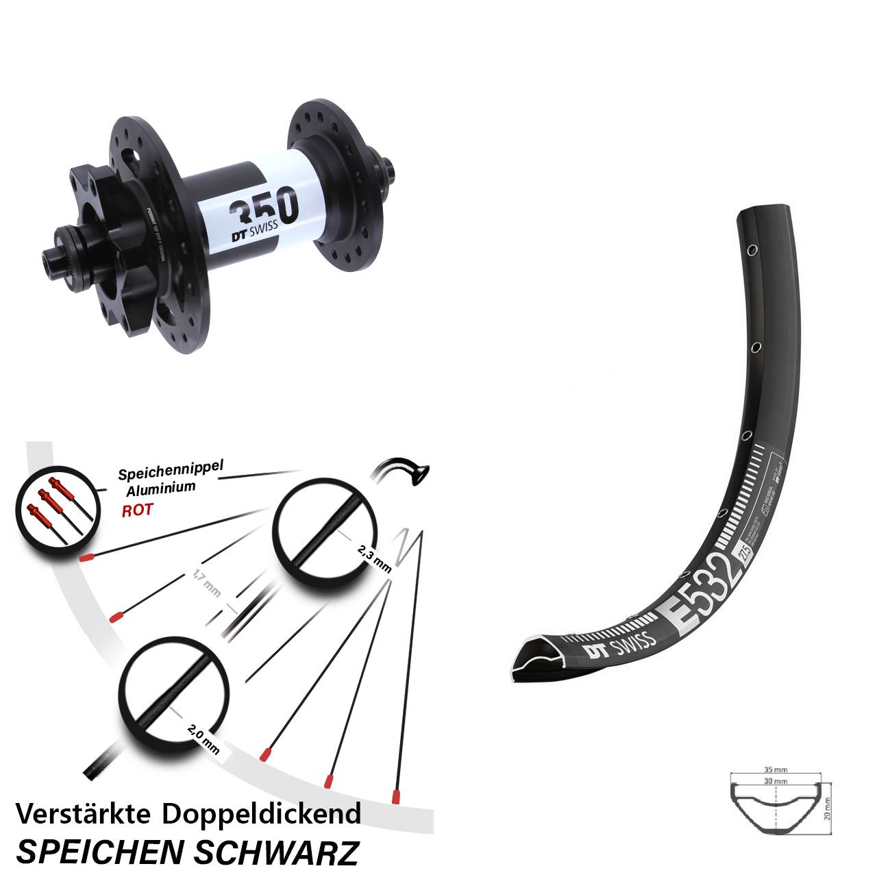 27,5 Zoll DT Swiss E 532-350 6-Loch Vorderrad QR