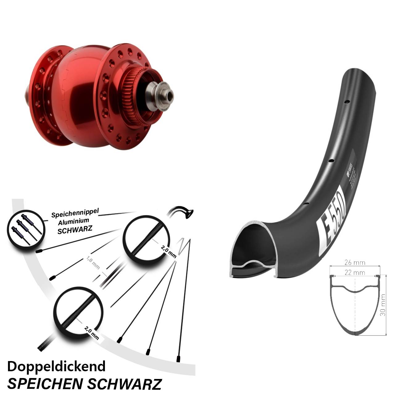 28 Zoll DT Swiss E 550 SON 28 rot Disc Nabendynamovorderrad für Schnellspanner