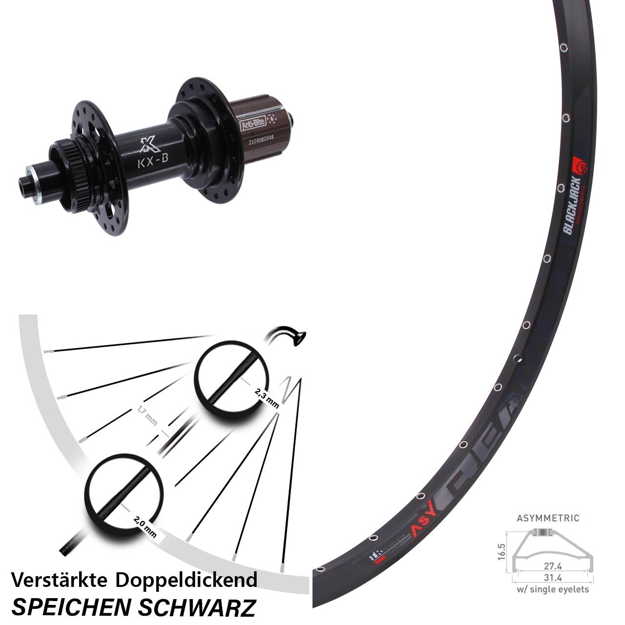 27,5 Zoll Rodi Ready 27 KX-B Disc Laufrad für Schnellspanner Boost 8-12 fach HG