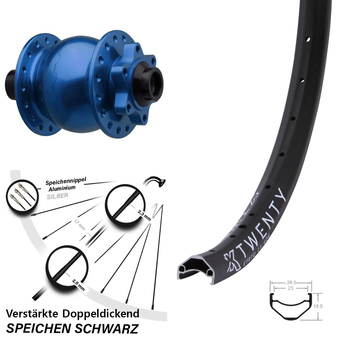 20 Zoll KX Twenty SON 28 blau 6-Loch Nabendynamovorderrad 15x110 Boost