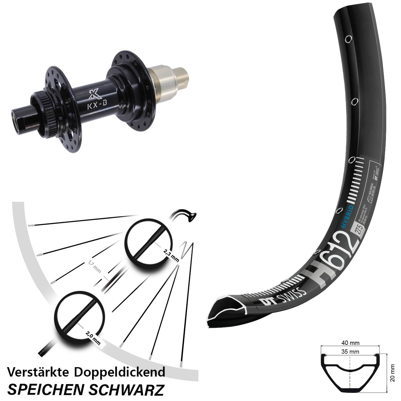 27,5 Zoll DT Swiss H612 KX-B Disc Hinterrad 12x148 SRAM XD