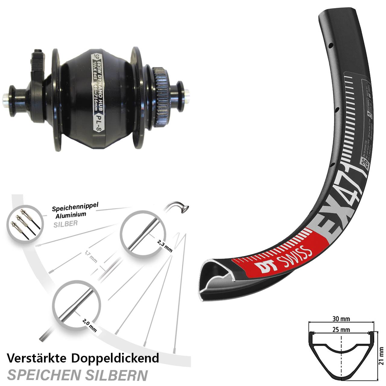 Disc 29 Zoll Nabendynamovorderrad DT Swiss EX471 Shutter Precision PL-8 QR