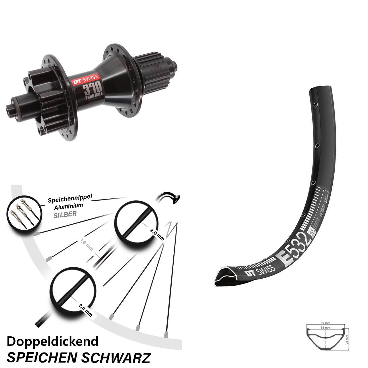 29 Zoll DT Swiss E532-370 Hybrid Hinterrad 6-Loch für Schnellspanner Micro Spline