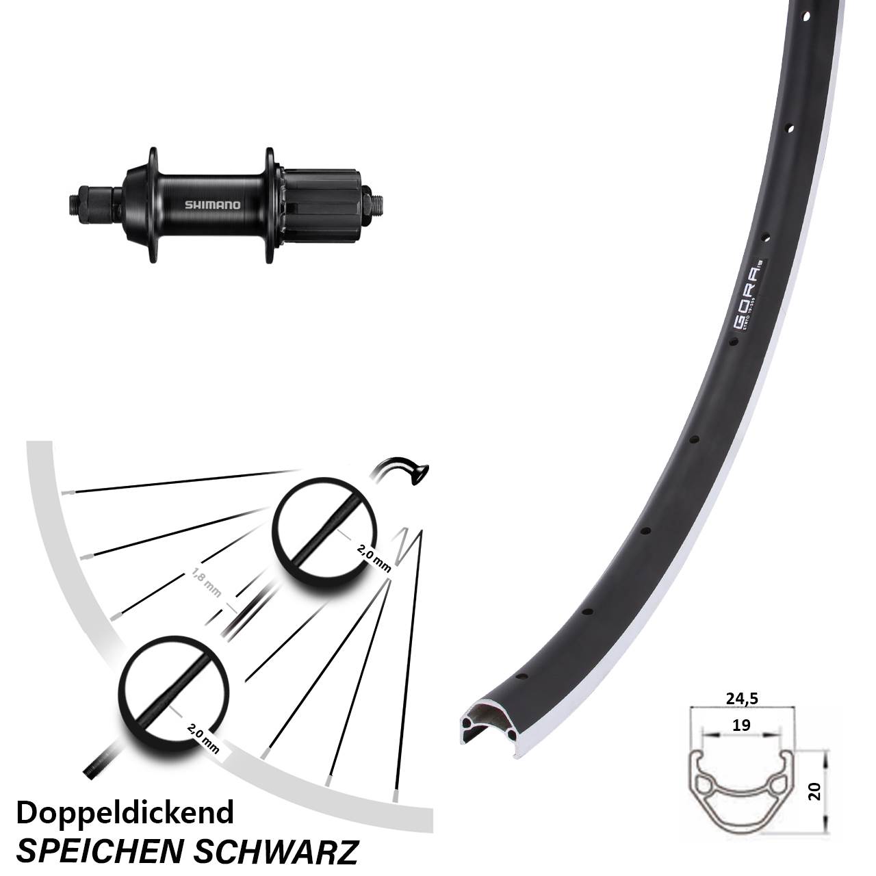 Laufrad 26 Zoll Gora 19 Felgenbremse schwarz Shimano FH-TY500 7 fach