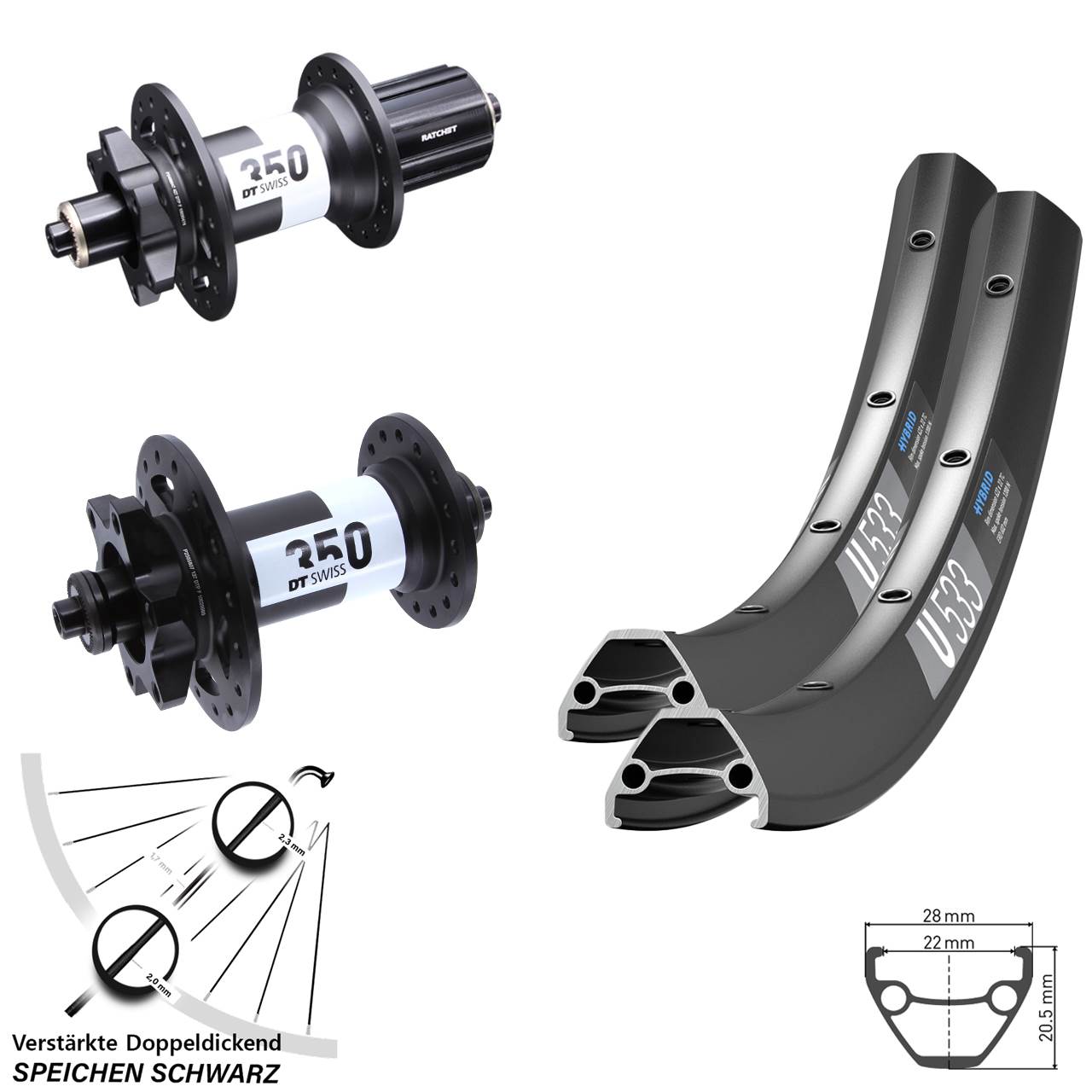 Laufrad-Satz 6-Loch für Schnellspanner 26 Zoll DT Swiss U533-350 8-11 fach