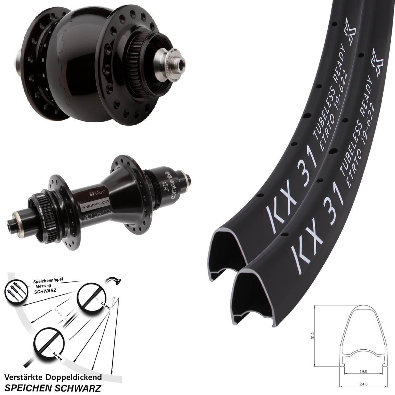 28 Zoll KX 31 DT Swiss 370 SON delux Centerlock Laufradsatz QR SRAM XD