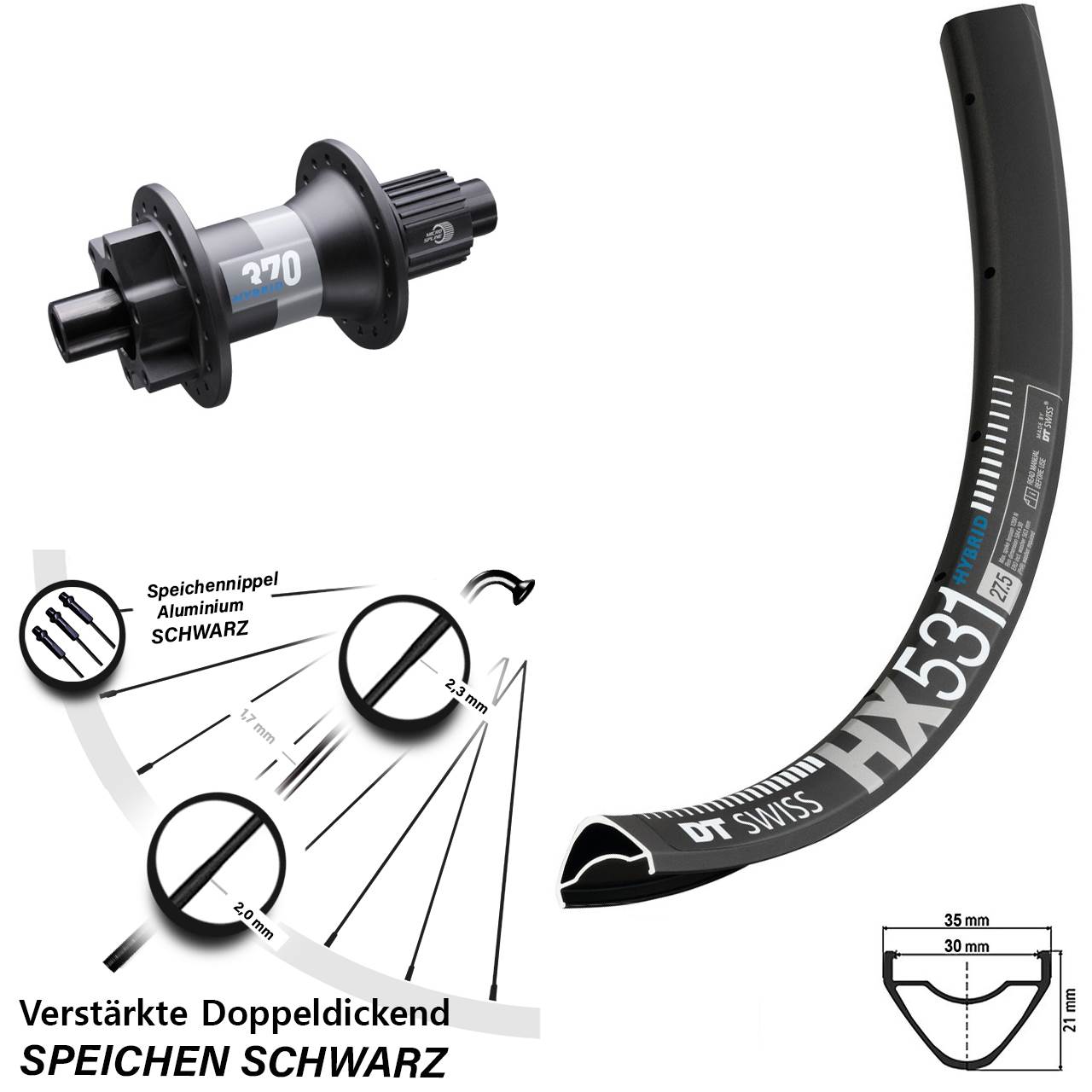 6-Loch Hinterrad 12x148 29 Zoll DT Swiss HX531 Hybrid 370 Shimano Micro Spline