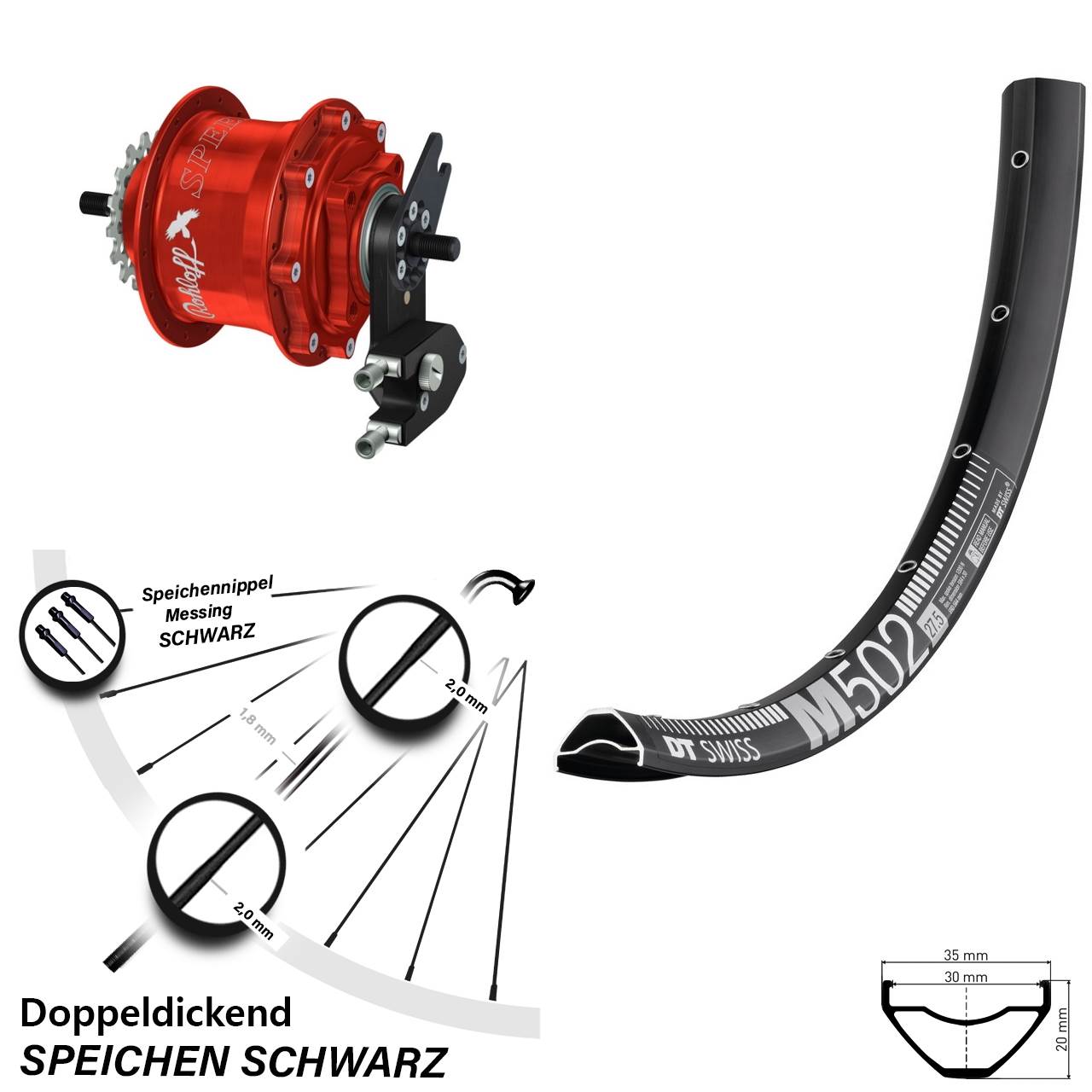 27,5 Zoll DT Swiss M502 Rohloff Speedhub TS DB OEM2 Tandem rot