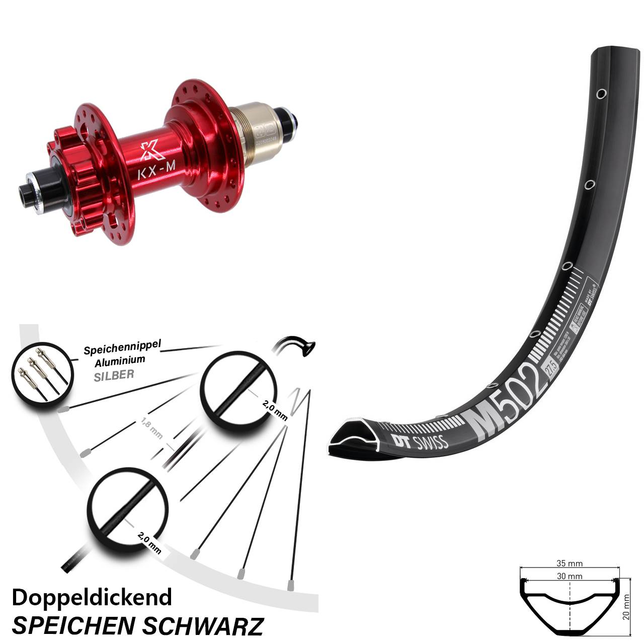 6-Loch Hinterrad QR 29 Zoll DT Swiss M 502 KX-M rot SRAM XD