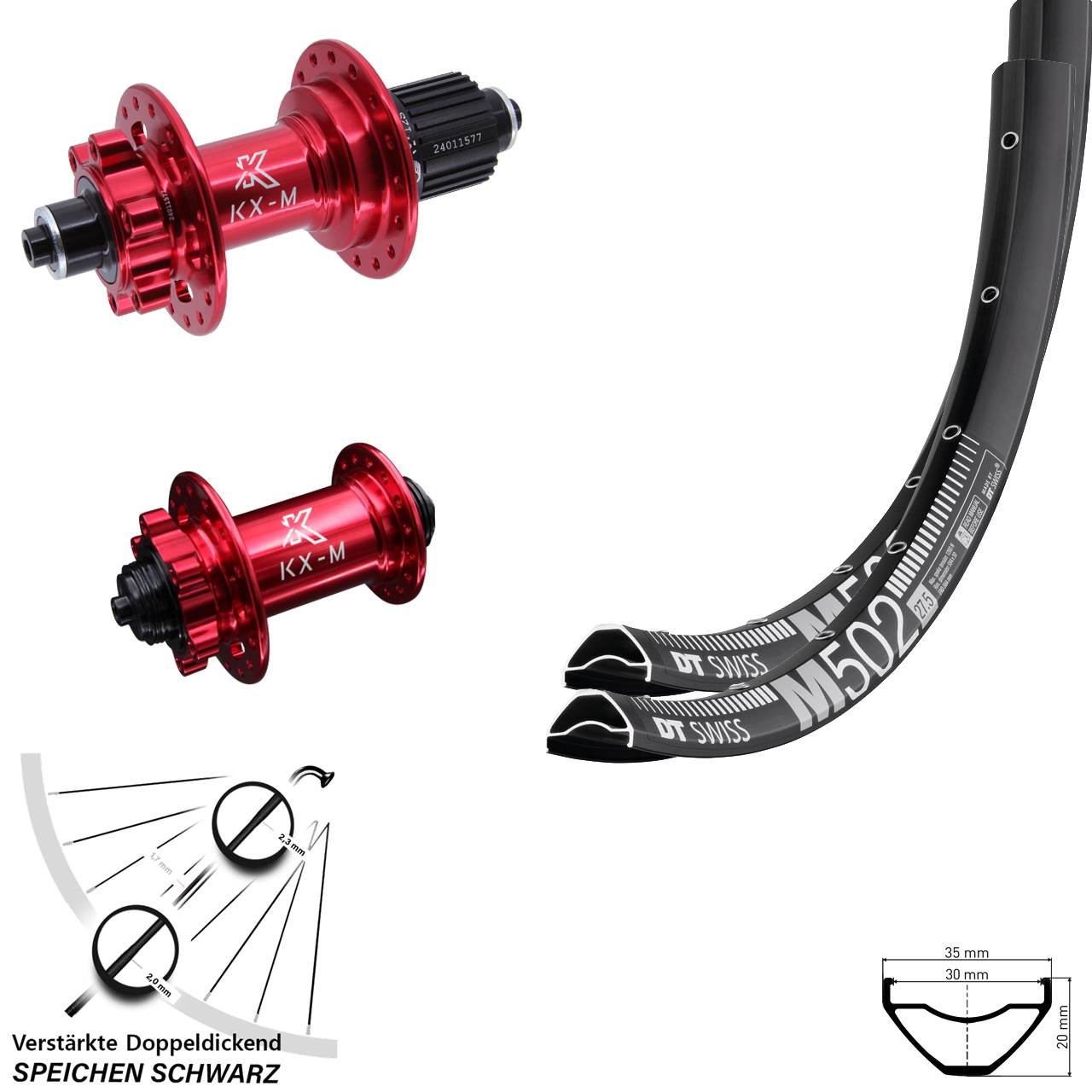 Disc Laufrad-Satz 27,5 Zoll DT Swiss M 502 KX-M rot Micro Spline für Schnellspanner