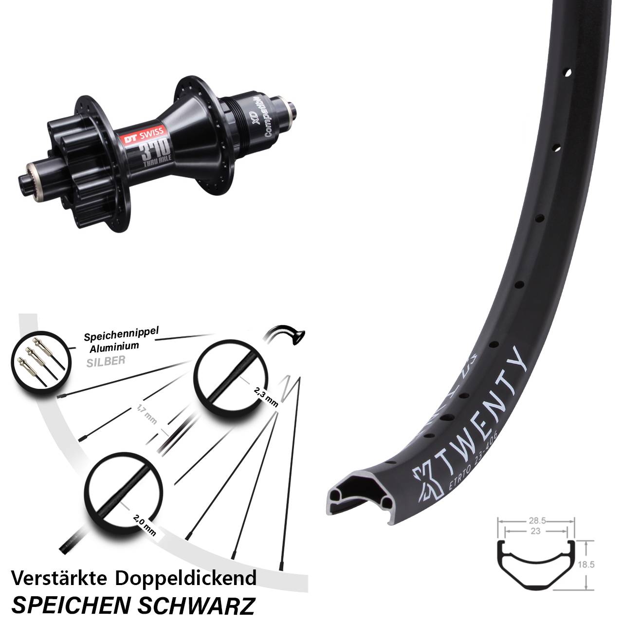 20 Zoll Hinteres Rad KX Twenty verstärkt DT Swiss 370 6-Loch Sram XD Schnellspanner