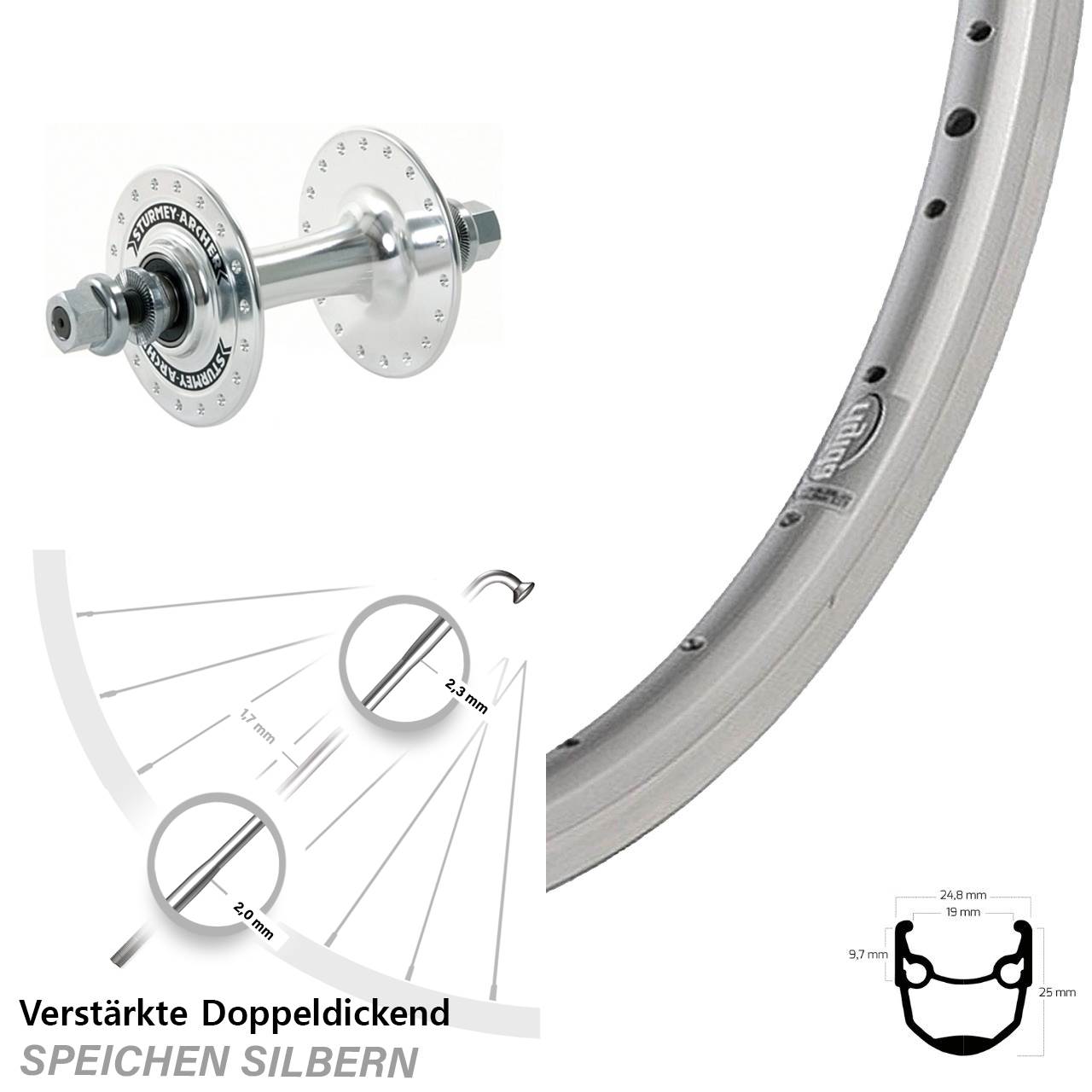 Vorderrad Vollachse 28 Zoll Ryde Andra 10 Sturmey Archer HBT30-F silbern