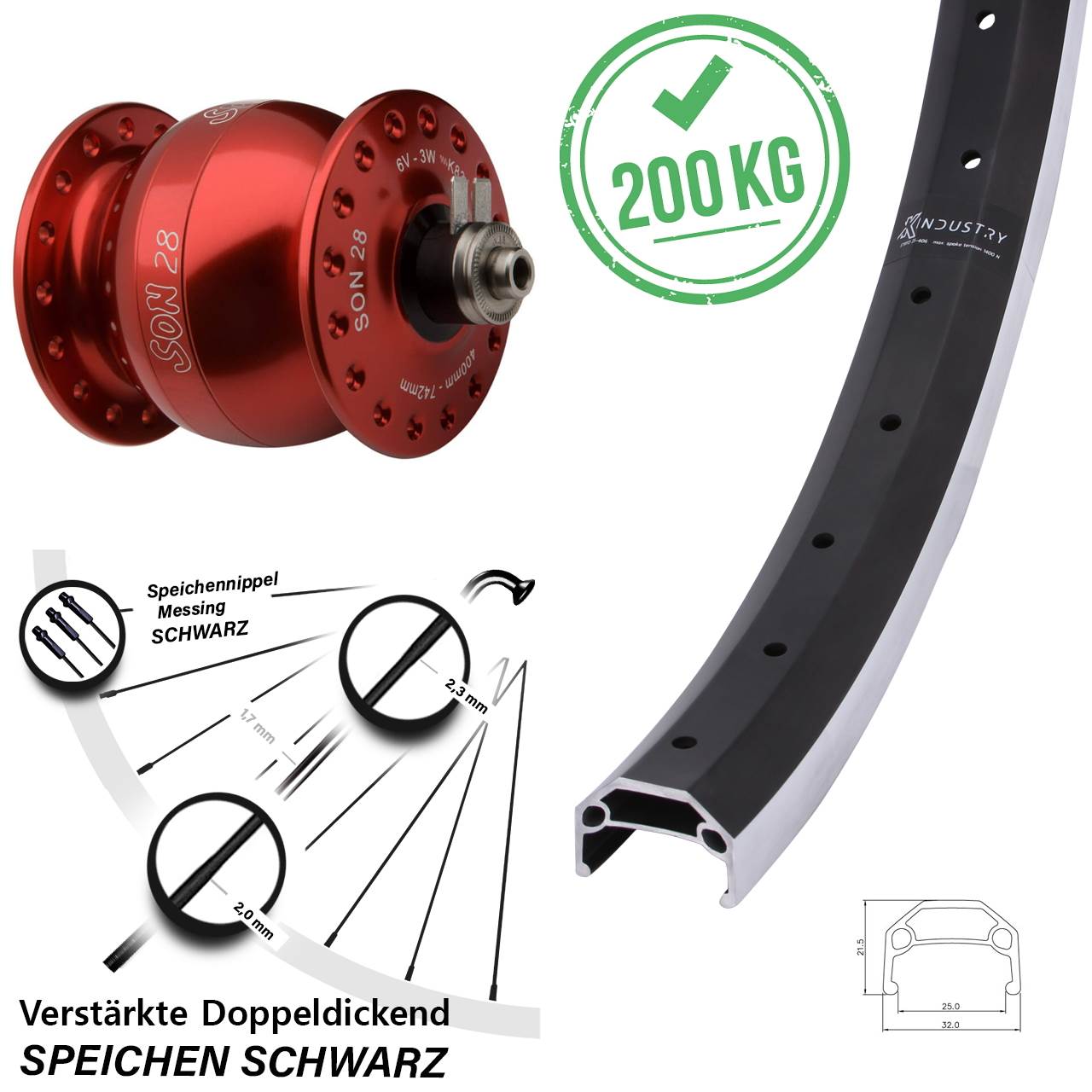 26 Zoll KX Industry SON 28 rot Nabendynamovorderrad für Schnellspanner