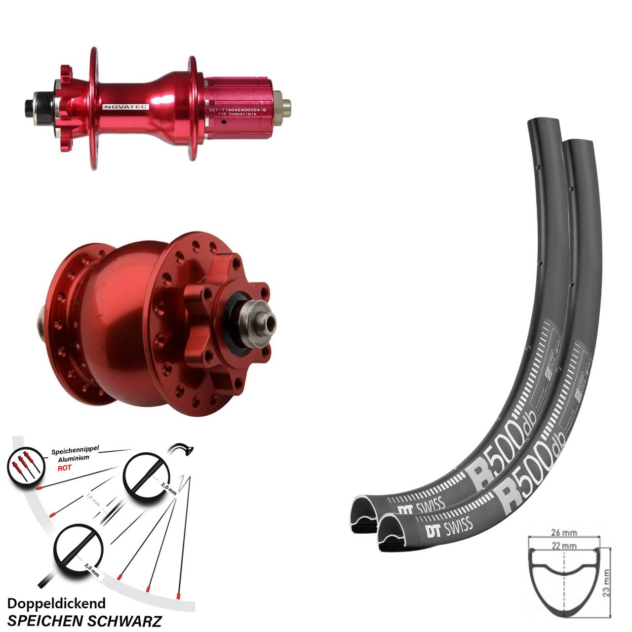 Laufradsatz 6-Loch QR 28-29 Zoll DT Swiss R500 Novatec D792 SON 28 rot 8-12 fach HG