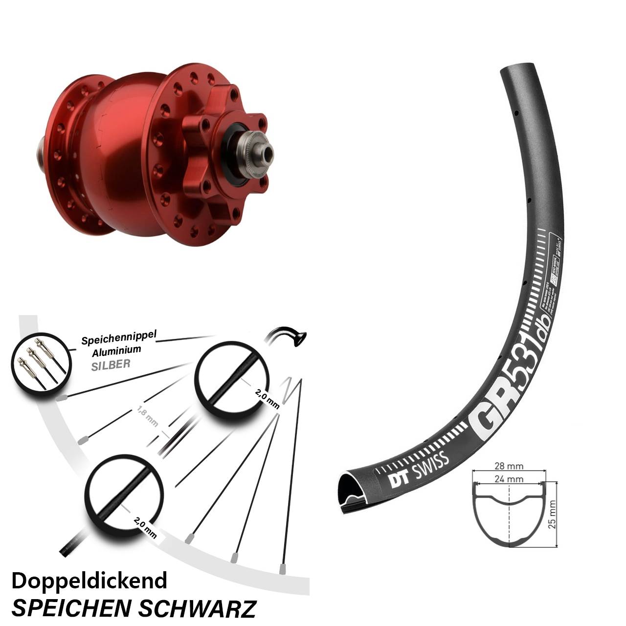 Nabendynamovorderrad 6-Loch 650B DT Swiss GR 531 SON 28 rot QR