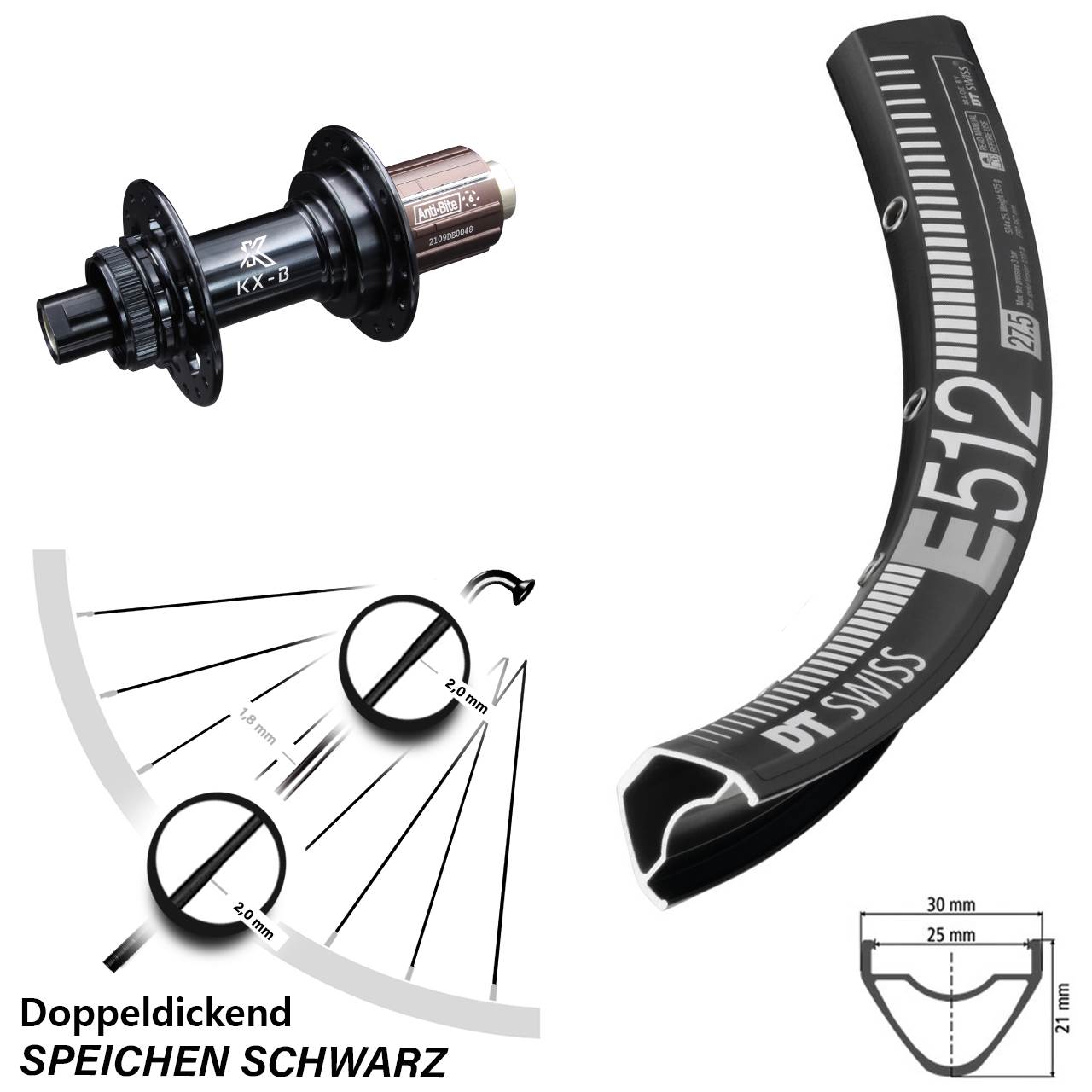 KX-B Boost 12x148 mm Centerlock 8-12 fach DT Swiss E 512 Hinterrad 29 Zoll für Steckachse