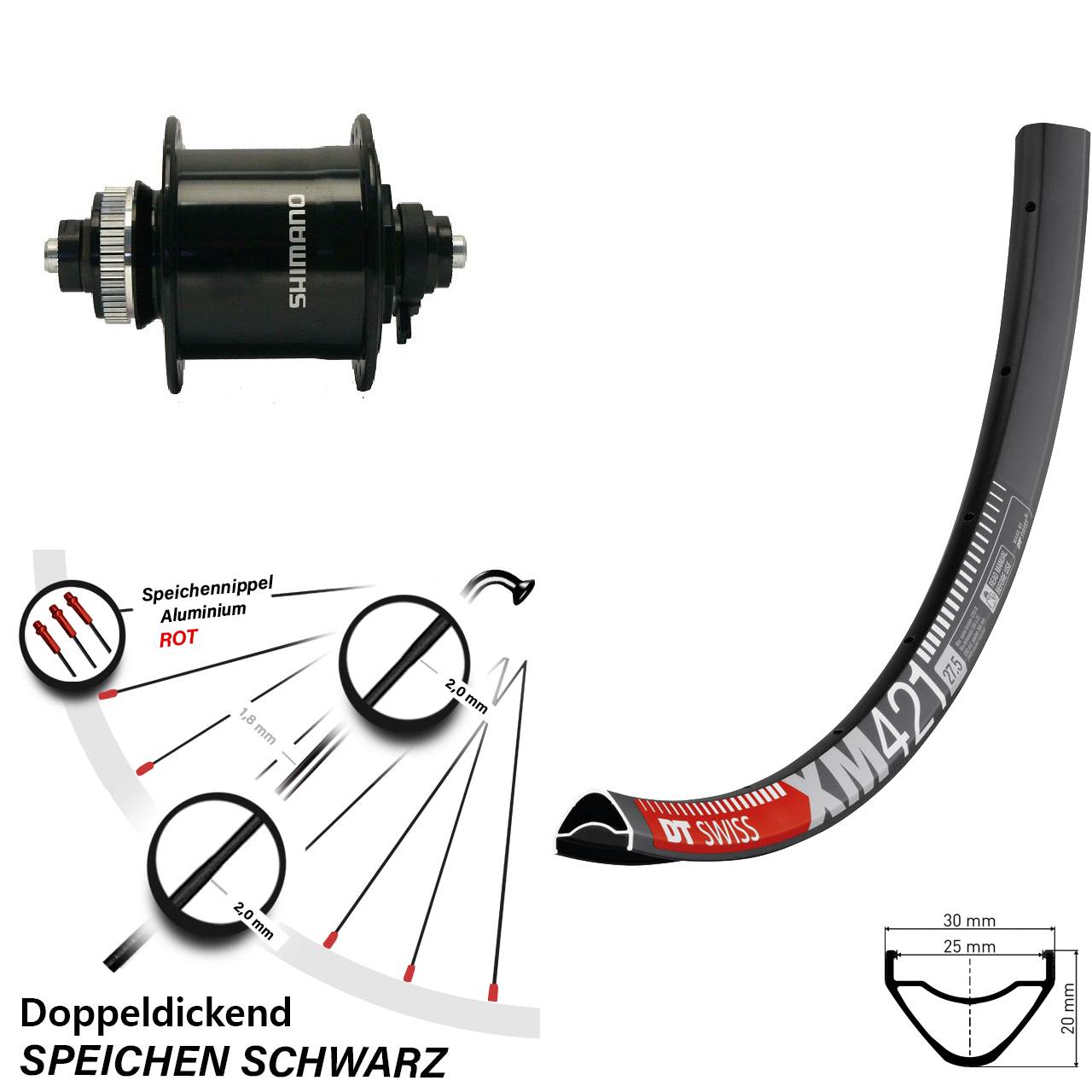 Disc Laufrad mit Nabendynamo für Schnellspanner 650B DT Swiss XM421 Shimano DH-UR700
