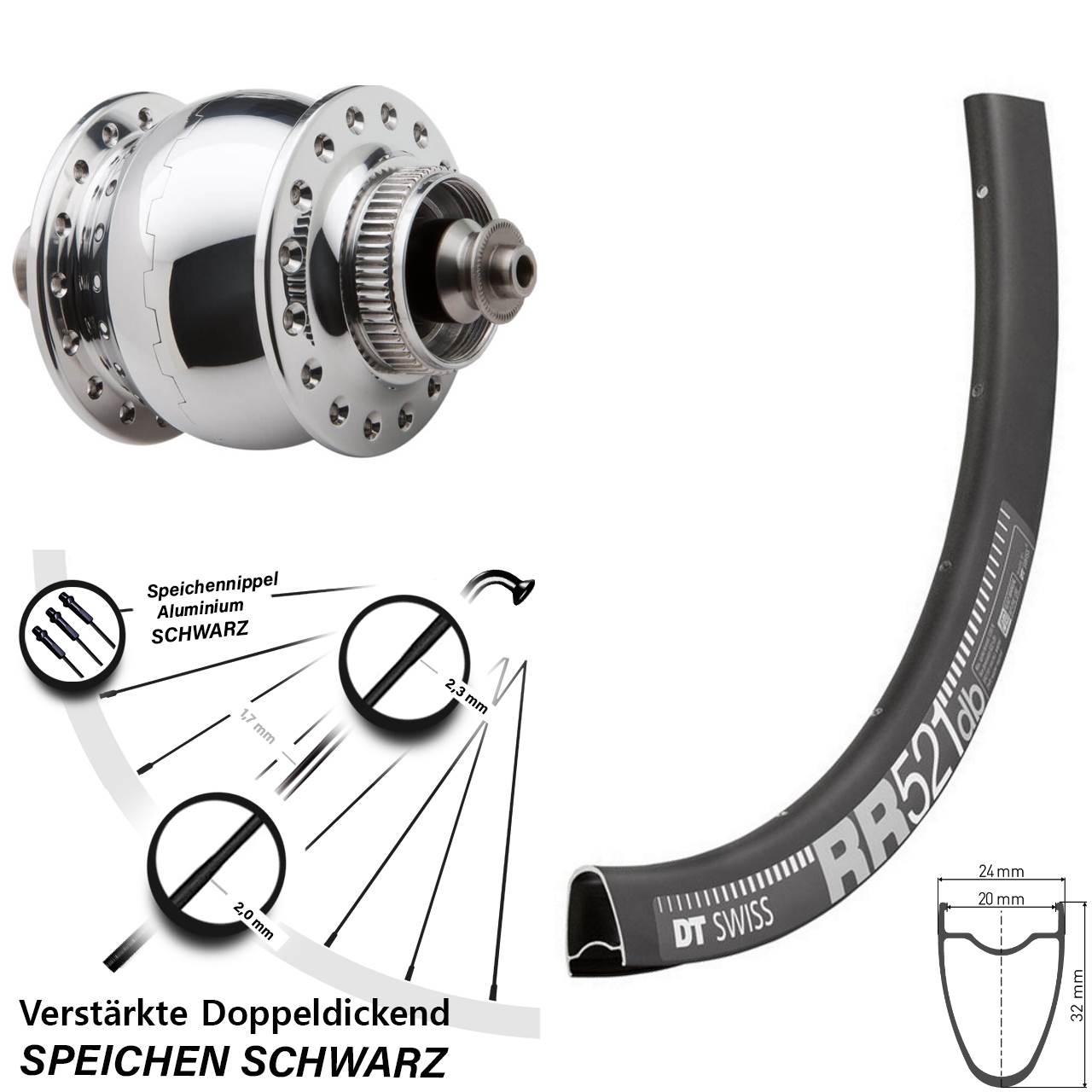 SON delux DT Swiss RR521 28 Zoll Disc Laufrad mit Nabendynamo QR