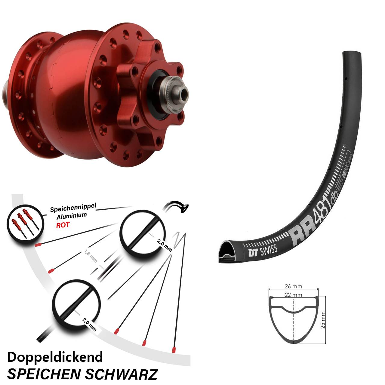 Vorderrad mit Nabendynamo SON 28 Zoll rot eloxiert DT Swiss RR 481 DB für 6-Loch