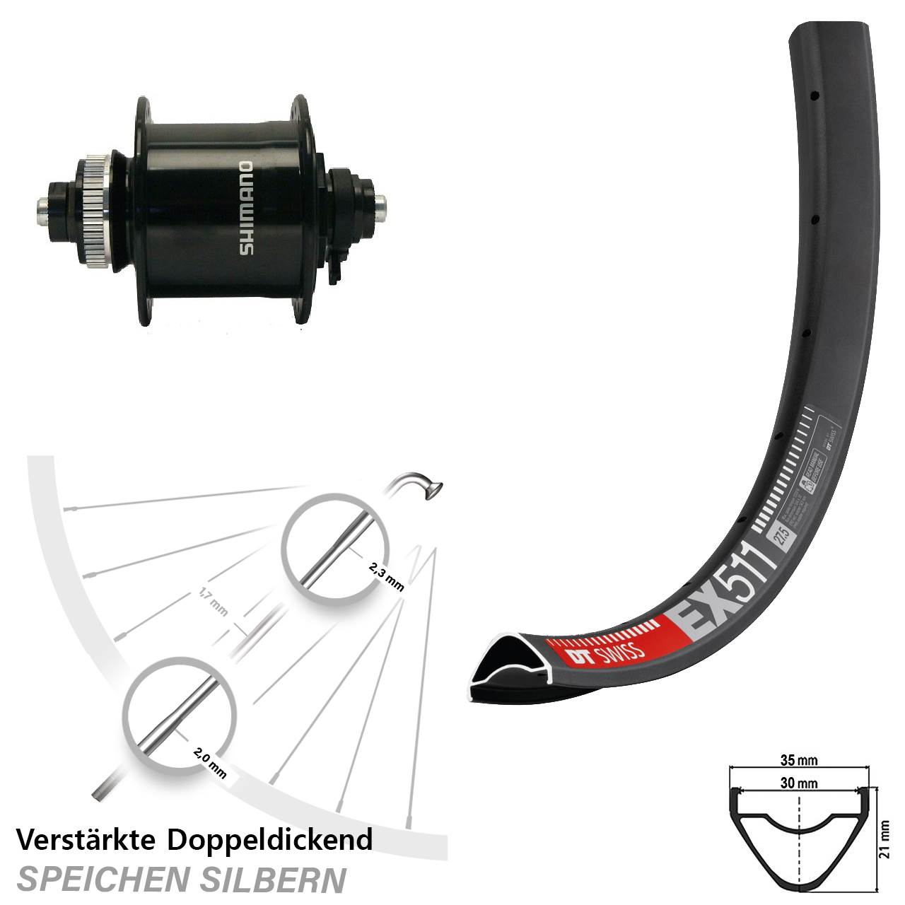 Nabendynamovorderrad Centerlock QR 27,5 Zoll DT Swiss EX 511 Shimano DH-UR700