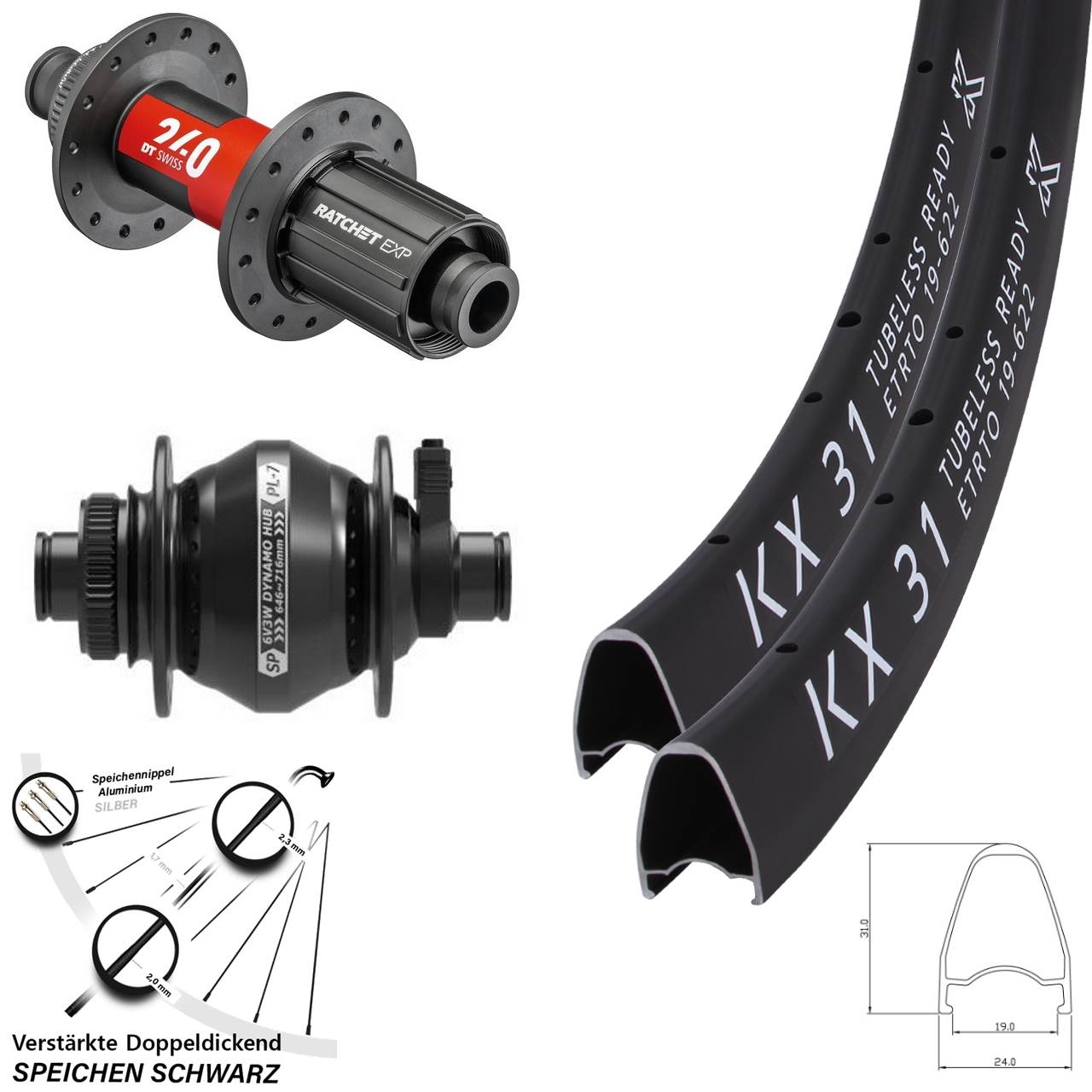 28 Zoll KX31 DT Swiss 240 Shutter PL-7 Disc Laufradsatz 12x100/142 11-12 fach