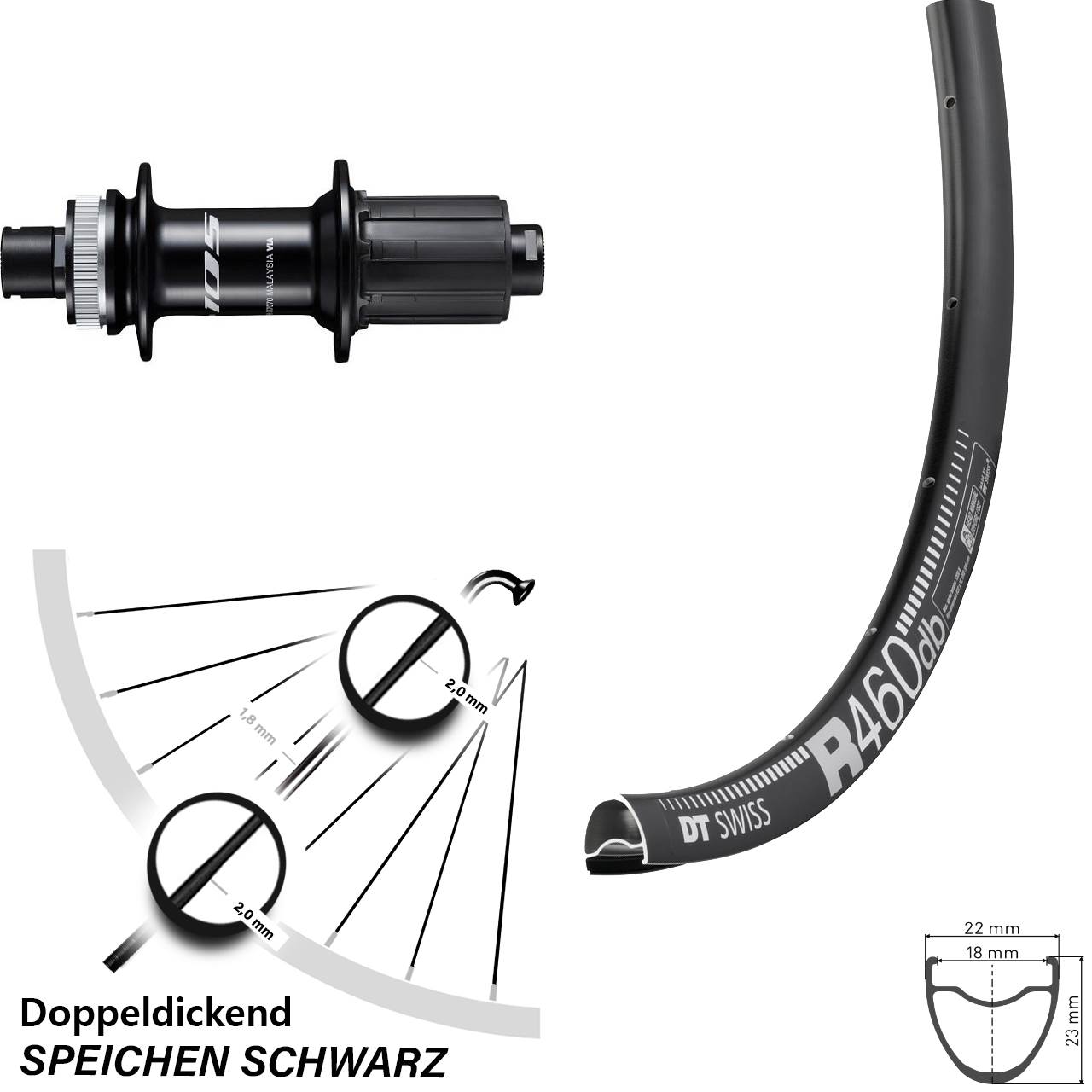 28 Zoll DT Swiss R 460 Shimano 105 Disc Hinterrad 12x142 8-12 fach HG