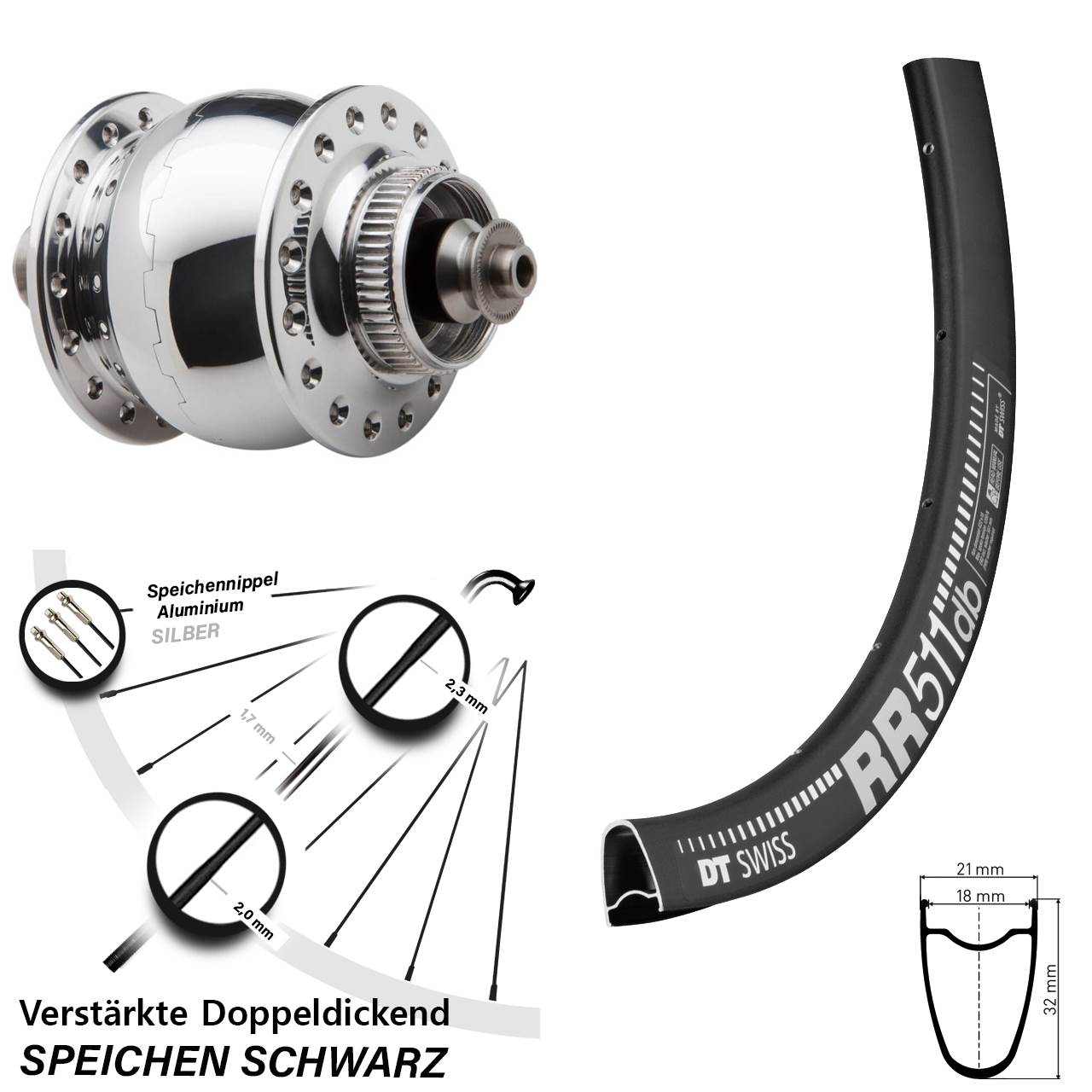 Disc Nabendynamo-Laufrad 28 Zoll DT Swiss RR511 SONdelux für Schnellspanner