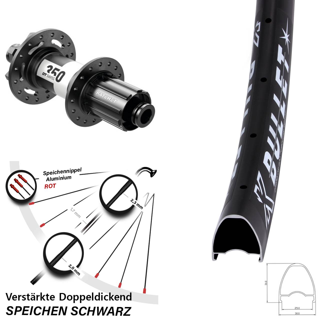 6-Loch Hinterrad 29 Zoll KX Bullet DT Swiss 350 8-11 fach HG 12x142