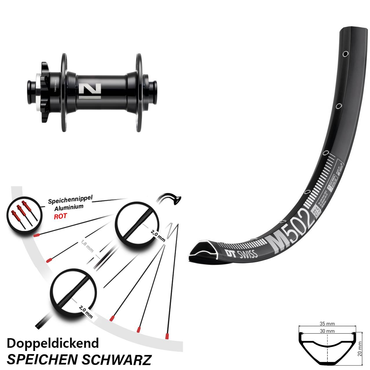 27,5 Zoll DT Swiss M502 Novatec D041SB 6-Loch Vorderrad 15x110 Boost