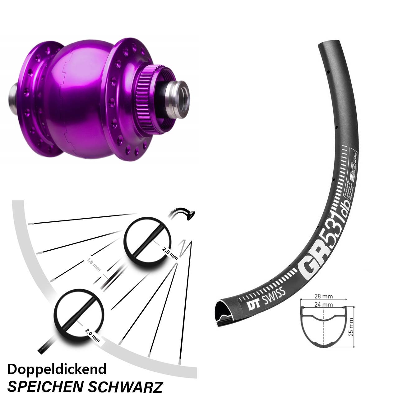 SON 28 violett DT Swiss GR 531 28 Zoll Disc Vorderrad mit Nabendynamo 12x100