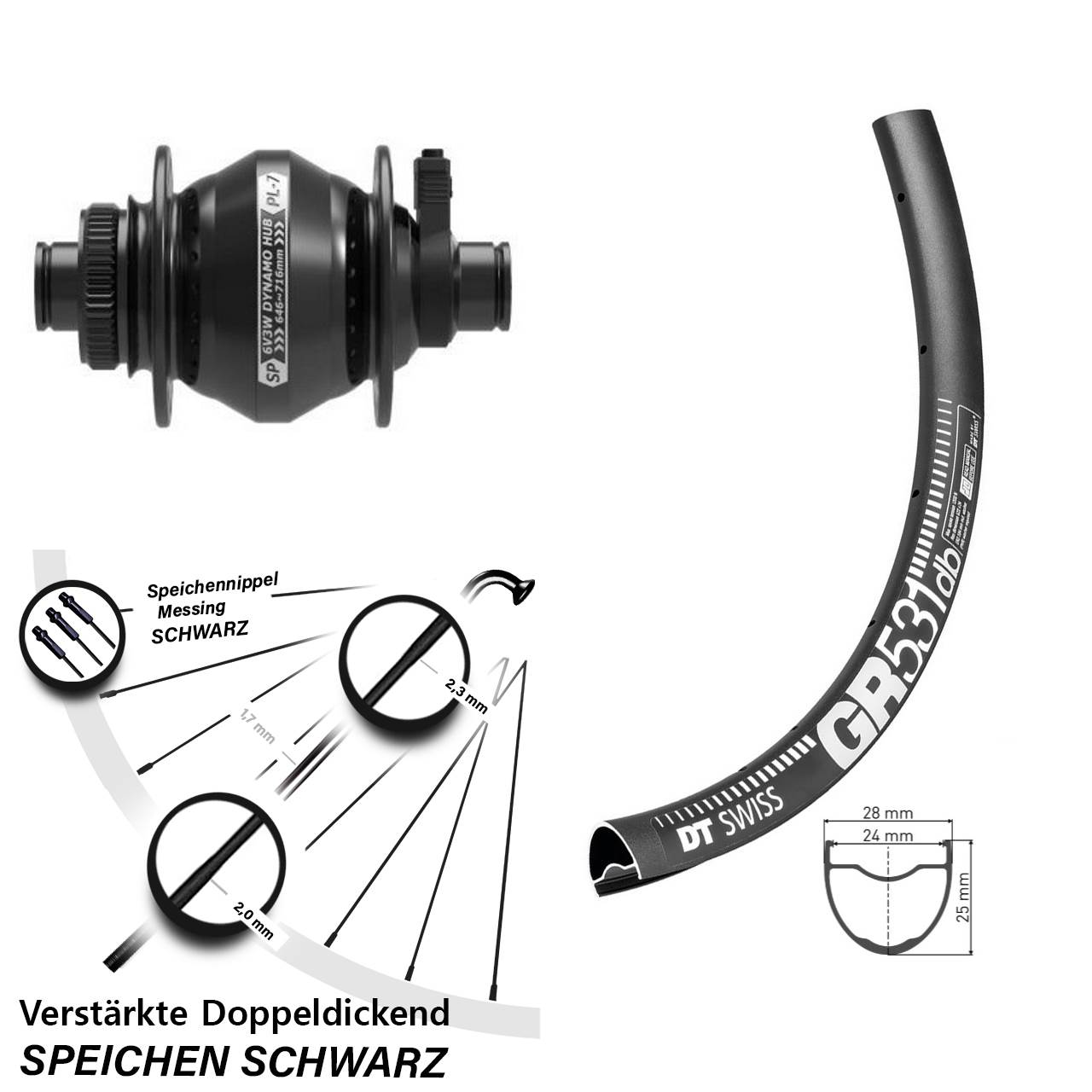 Disc Nabendynamovorderrad 27,5 Zoll DT Swiss GR531 Shutter PL-7 12x100