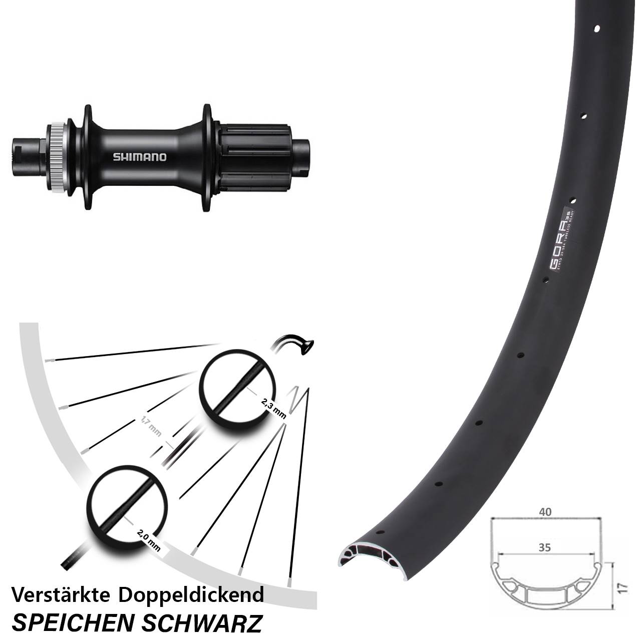 27,5 Zoll Gora 35 Shimano FH-MT400 Disc Hinterrad 12x142 8-11 fach