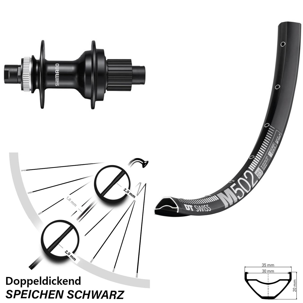 27,5 Zoll DT Swiss M502 Shimano FH-MT510 Centerlock Hinterrad 12x142 Shimano Micro Spline