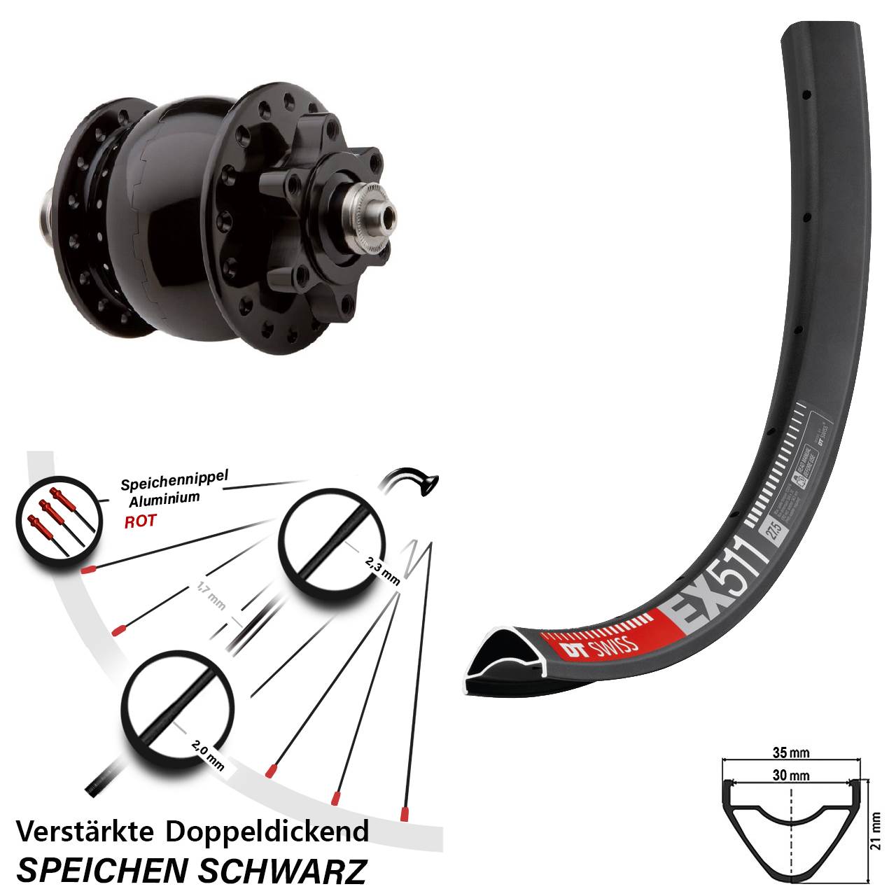 SON 28 DT Swiss EX511 27,5 Zoll Disc Vorderrad Nabendynamo QR