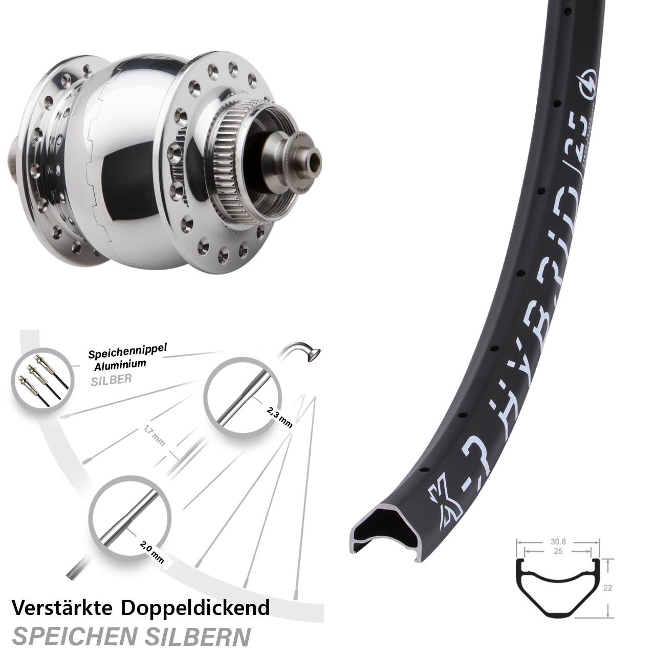Nabendynamolaufrad SON delux silbern poliert KX-R Hybrid 25 Schnellspannerverstärkt