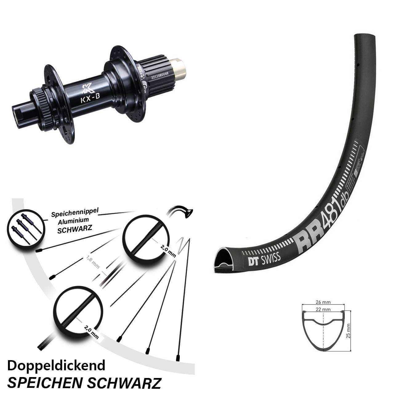 Laufrad 28 Zoll DT Swiss RR 481 Disc KX-B Centerlock 12/148 Boost Micro Spline schwarz