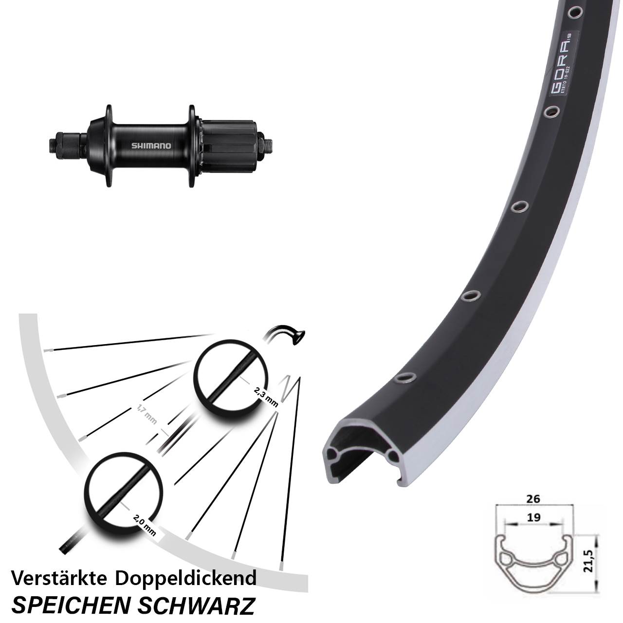 28 Zoll Gora 19 Shimano FH-TY500 Laufrad hinten QR 7 fach