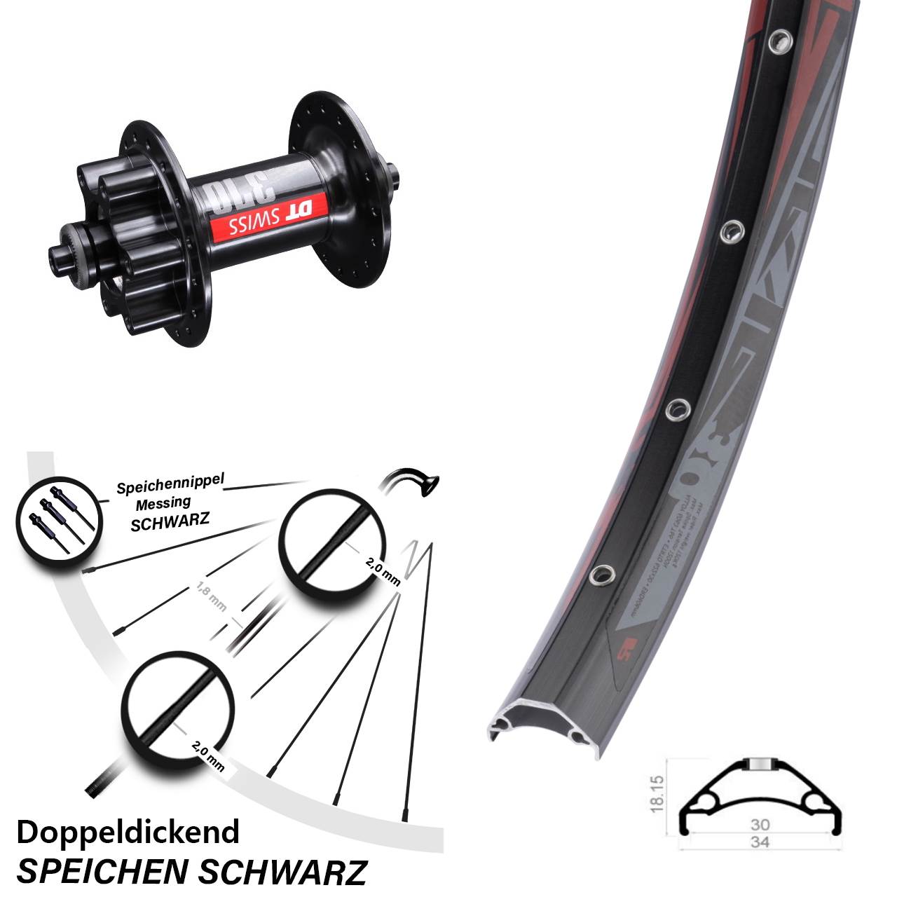 Rodi TRYP 30 DT Swiss 370 29 Zoll Disc Vorderrad für Schnellspanner schwarz